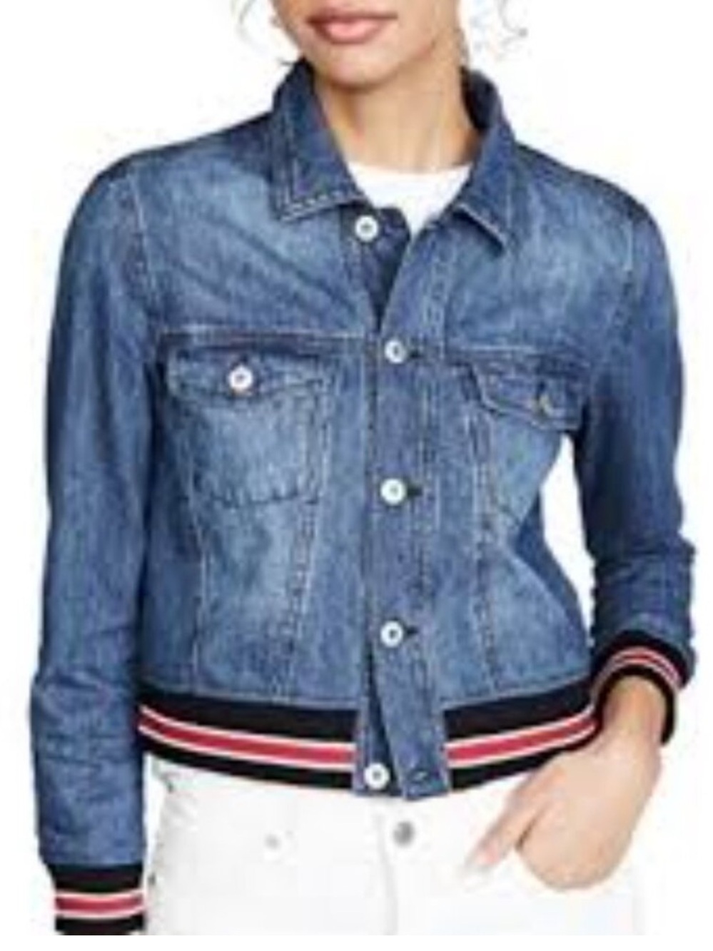 BB Dakota Blue Denim Jean Jacket with Striped Rib Trim